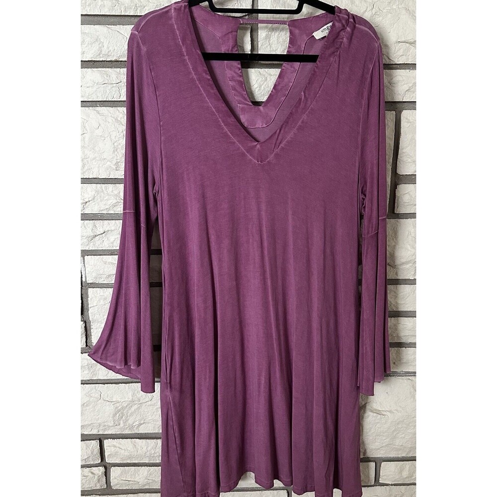 Umgee Womens Large Mauve V Neck Tunic Dress Bell Sleeve Knit Boho Hippie